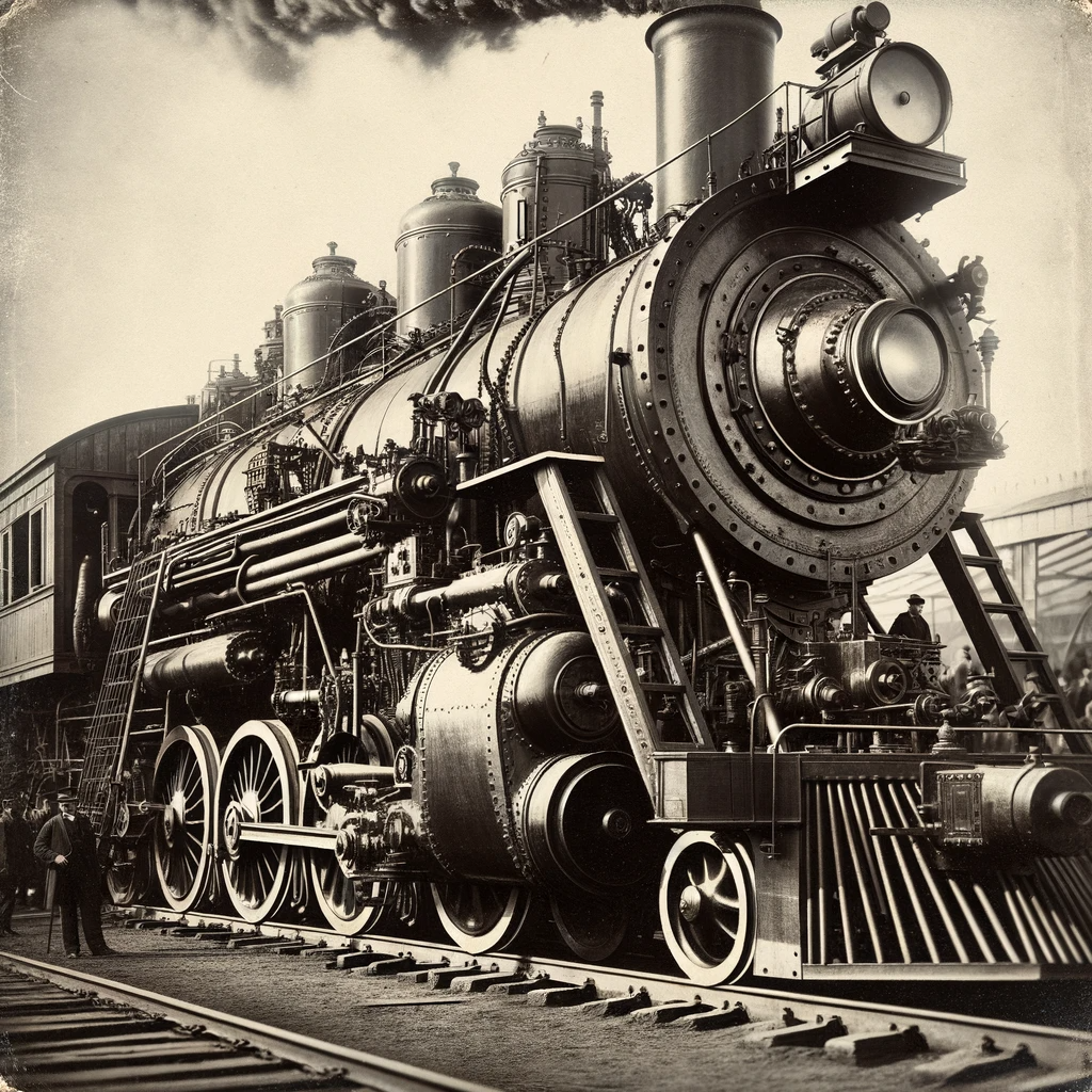 Historical photo of a gigantic steam engine, its black iron body reflecting years of use. Gears, pipes, and levers are evident, and a faint cloud of steam rises from its top. The setting is an early 20th-century rail yard with workers in the background.