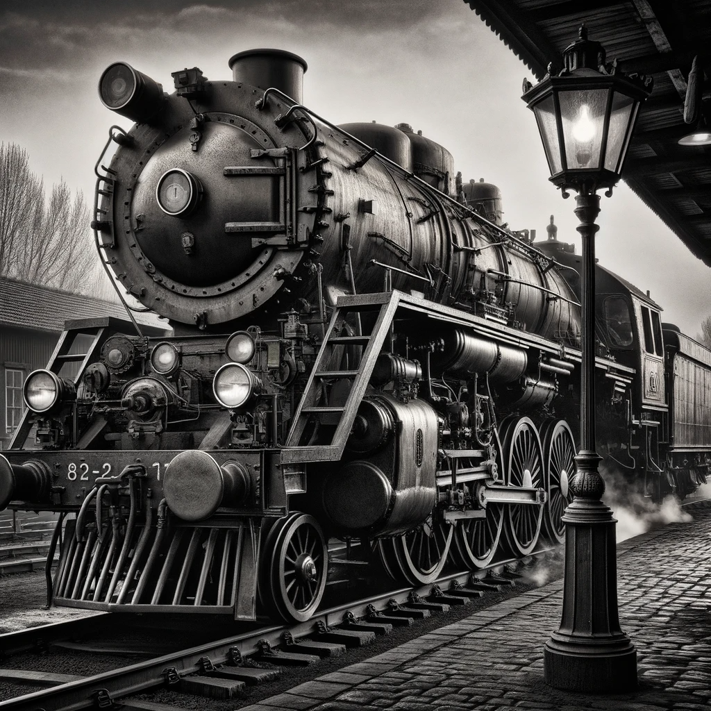 Black and white photograph portraying a monumental steam engine of bygone days. The weight and age of the machine are evident in its appearance, with shadows emphasizing its large wheels and machinery. It's stationed at a timeworn railway platform with vintage lanterns illuminating the scene.