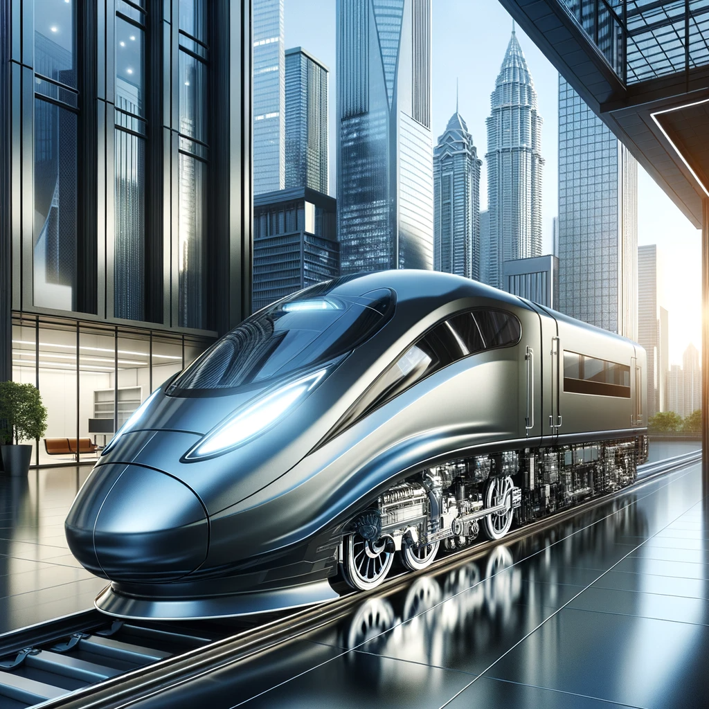 Contemporary photograph showcasing a cutting-edge train engine with smooth curves and a glossy finish. The engine is equipped with the latest technology, and behind it is a modern cityscape with skyscrapers.