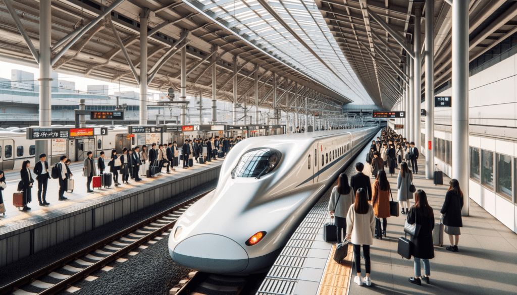 A Shinkansen train stationed at a modern train platform with people waiting to board.