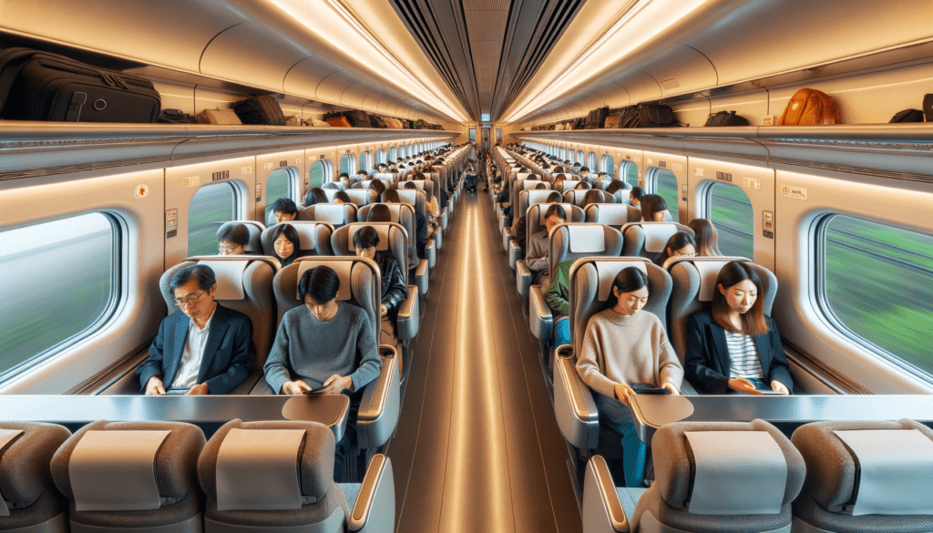 The interior of a Shinkansen train showcasing the comfortable seating arrangement and passengers.