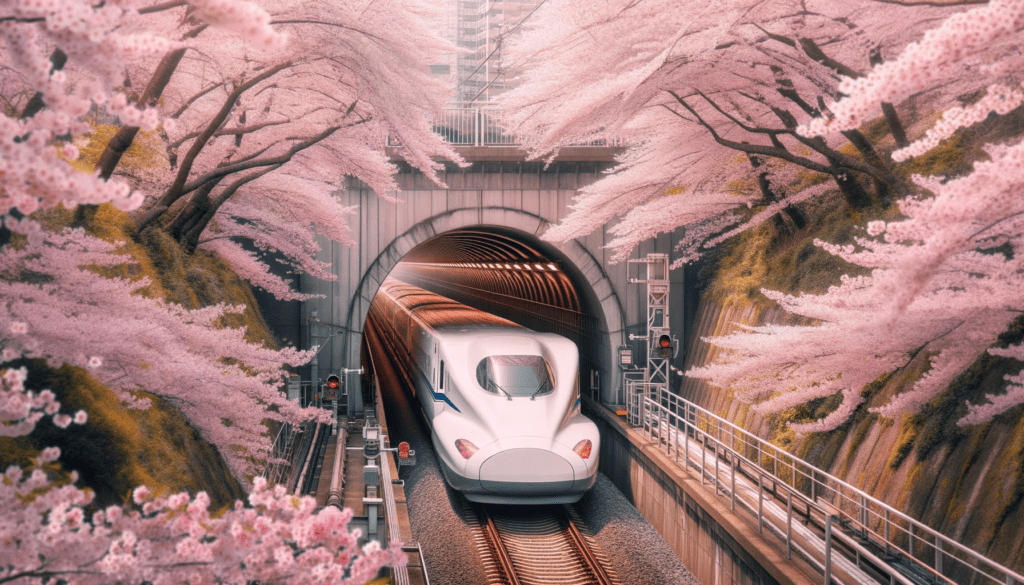 A Shinkansen train emerging from a tunnel, surrounded by cherry blossoms.