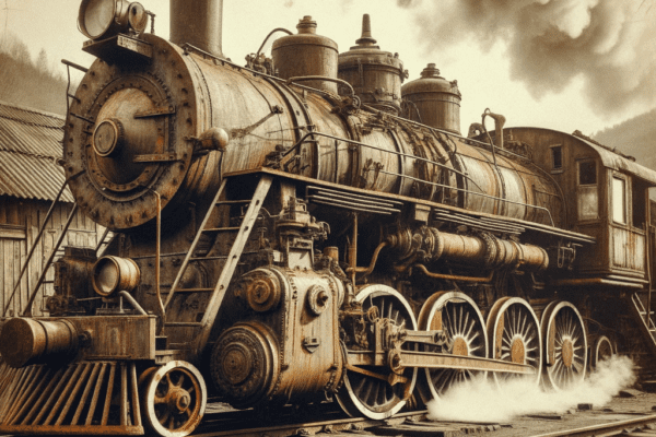 Vintage photograph capturing a colossal steam engine from yesteryears. Rust and time have left their marks on it, with steam billowing out of its chimney. The surrounding area shows wooden sleepers and old rail tracks.