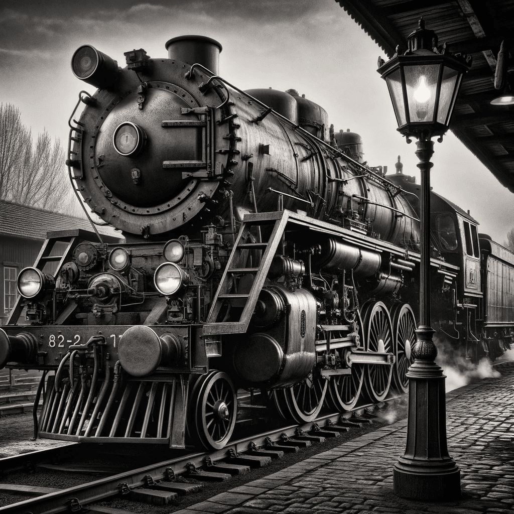 Black and white photograph portraying a monumental steam engine of bygone days. The weight and age of the machine are evident in its appearance, with shadows emphasizing its large wheels and machinery. It's stationed at a timeworn railway platform with vintage lanterns illuminating the scene.