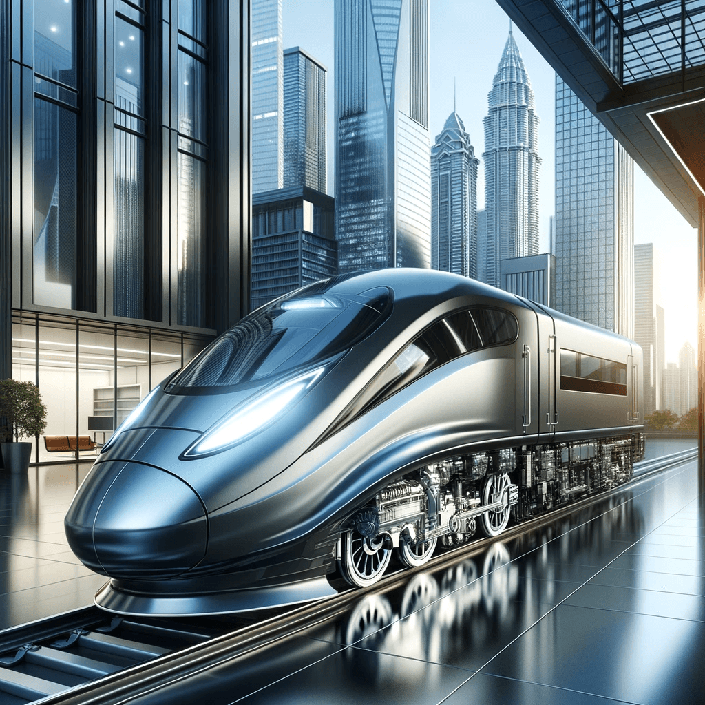 Contemporary photograph showcasing a cutting-edge train engine with smooth curves and a glossy finish. The engine is equipped with the latest technology, and behind it is a modern cityscape with skyscrapers.