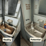 Side-by-side comparison of two train washbasins in India: the left shows a rusted, dirty, corroded sink with unhygienic conditions; the right shows a clean, modern stainless-steel sink with proper fixtures, highlighting the contrast between neglected and upgraded railway facilities.