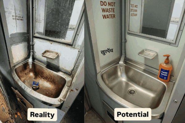 Side-by-side comparison of two train washbasins in India: the left shows a rusted, dirty, corroded sink with unhygienic conditions; the right shows a clean, modern stainless-steel sink with proper fixtures, highlighting the contrast between neglected and upgraded railway facilities.