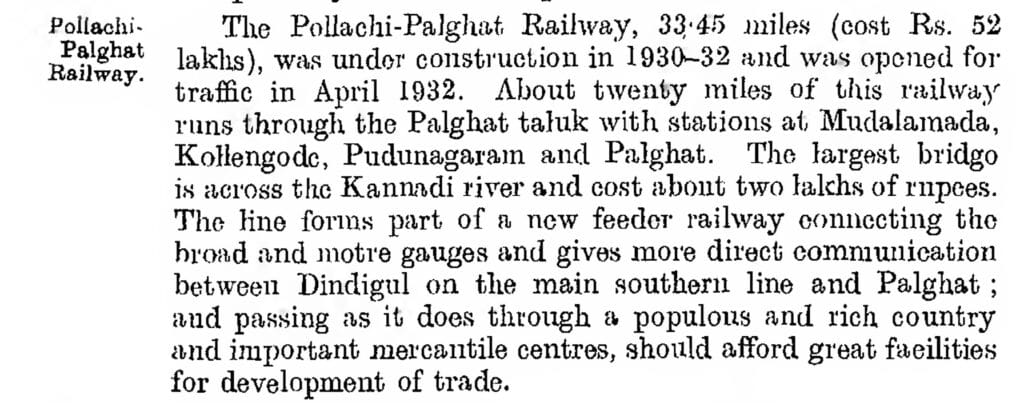 The Pollachi-Palghat Railway History from Madras District Gazetteers Malabar. Vol. 1 The Pollachi-Palghat Railway History from Madras District Gazetteers Malabar. Vol. 1